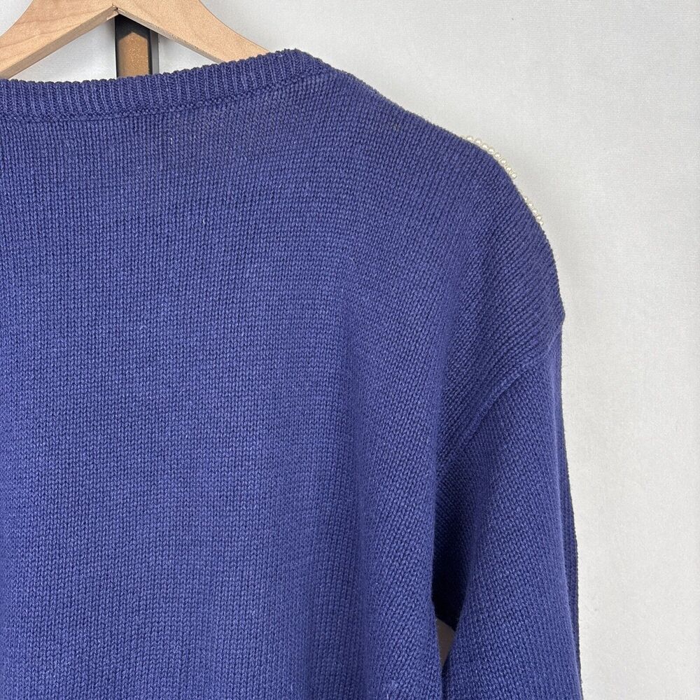 Vintage Mirrors of Krizia Sweater M Indigo Pullover Pearl Flower Shoulder Button - Picture 11 of 12